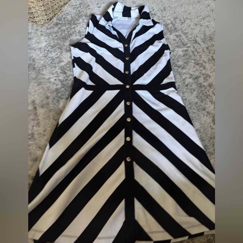 New York & Company Sleeveless Shirt Dress Black White Striped Button Size: Small
